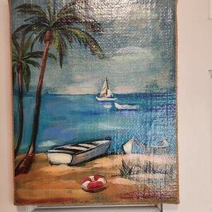 Beach, Sailboat, Palm Tree print, On Burlap & Wood Frame ART ACCENT PICTURE
